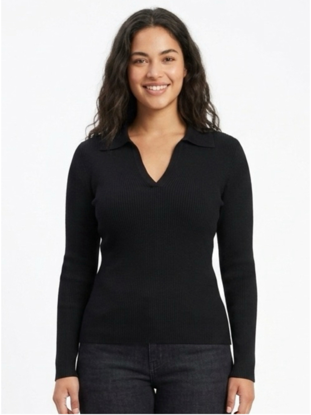 Calvin Klein Black Ribbed V-Neck Long Sleeve lightweight sweater w/Collar M -432